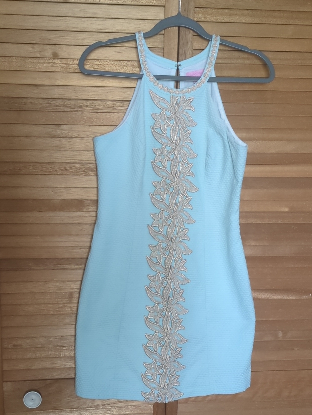 Lilly Pulitzer Light Blue Halter Mini Dress with Gold Floral Appliqué